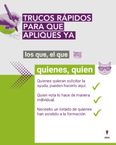 Imagen educativa de "Nerea Aguado Alonso Comunicación Inclusiva". Sugiere sustituir el uso de "los que/el que" por "quienes/quien" para redactar de forma más neutra e inclusiva. Presenta ejemplos de oraciones donde se aplica este cambio de forma efectiva y gramaticalmente correcta.