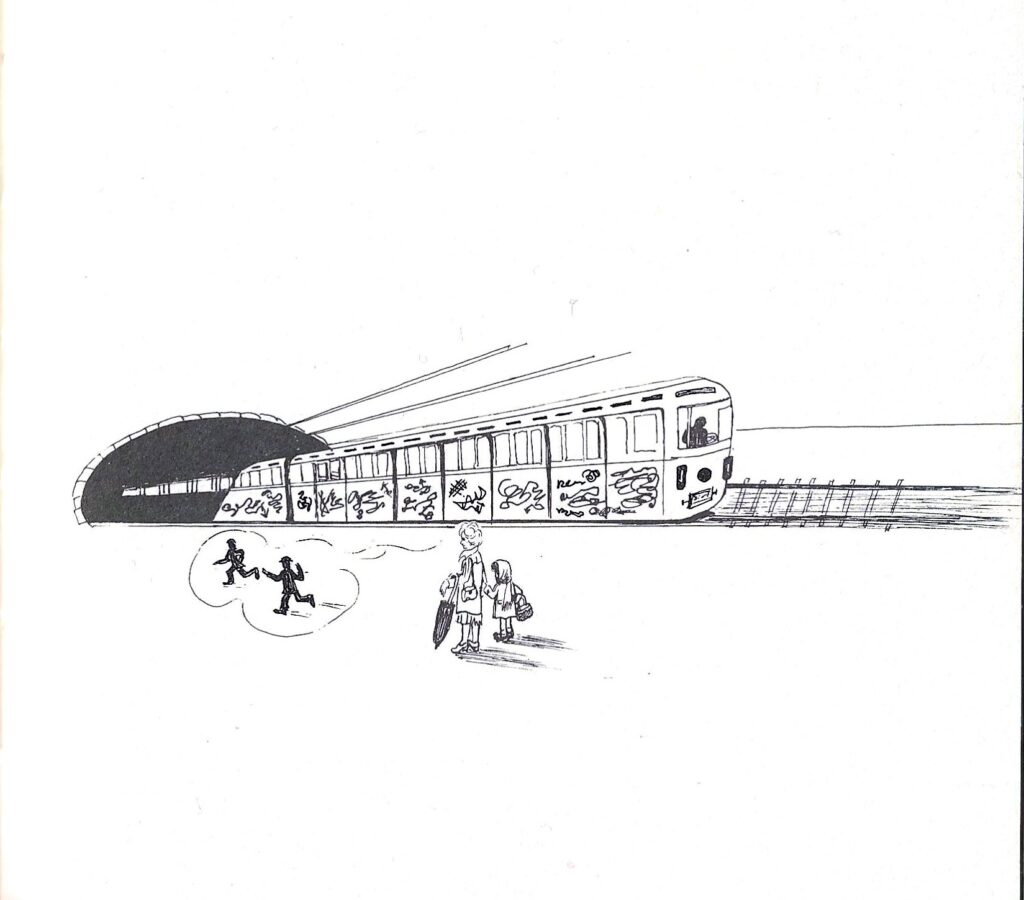 Ilustración de Carmen Martín Gaite para Caperucita en Manhattan de Vivian Allen y Sara Allen viajando en metro